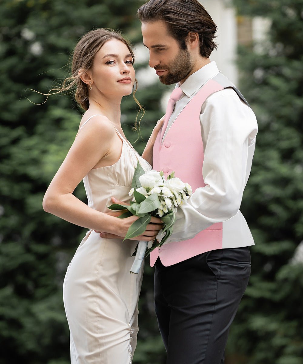 Vittorio Farina Men's Satin Vest, Necktie, Bow Tie and Pocket Square Set (White Back) - Pink - Vest Set - Vittorio Farina