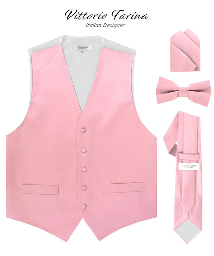 Vittorio Farina Men's Satin Vest, Necktie, Bow Tie and Pocket Square Set (White Back) - Pink - Vest Set - Vittorio Farina
