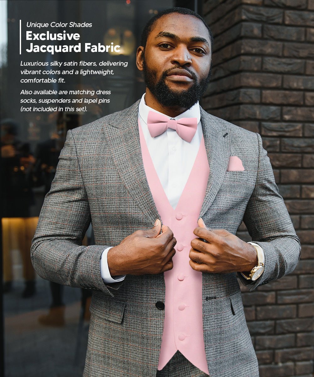 Vittorio Farina Men's Satin Vest, Necktie, Bow Tie and Pocket Square Set (White Back) - Pink - Vest Set - Vittorio Farina