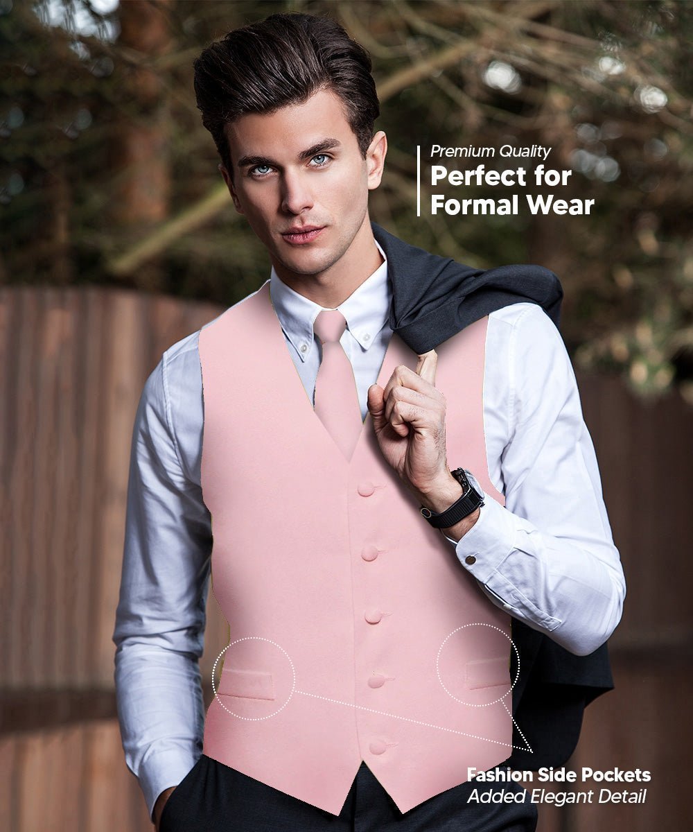 Vittorio Farina Men's Satin Vest, Necktie, Bow Tie and Pocket Square Set (White Back) - Pink - Vest Set - Vittorio Farina