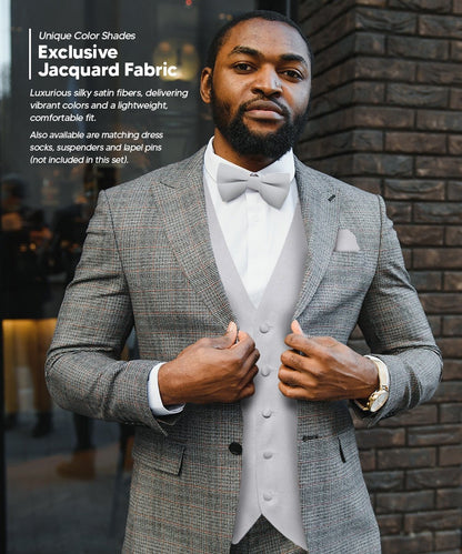 Vittorio Farina Men's Satin Vest, Necktie, Bow Tie and Pocket Square Set (White Back) - Silver - Vest Set - Vittorio Farina