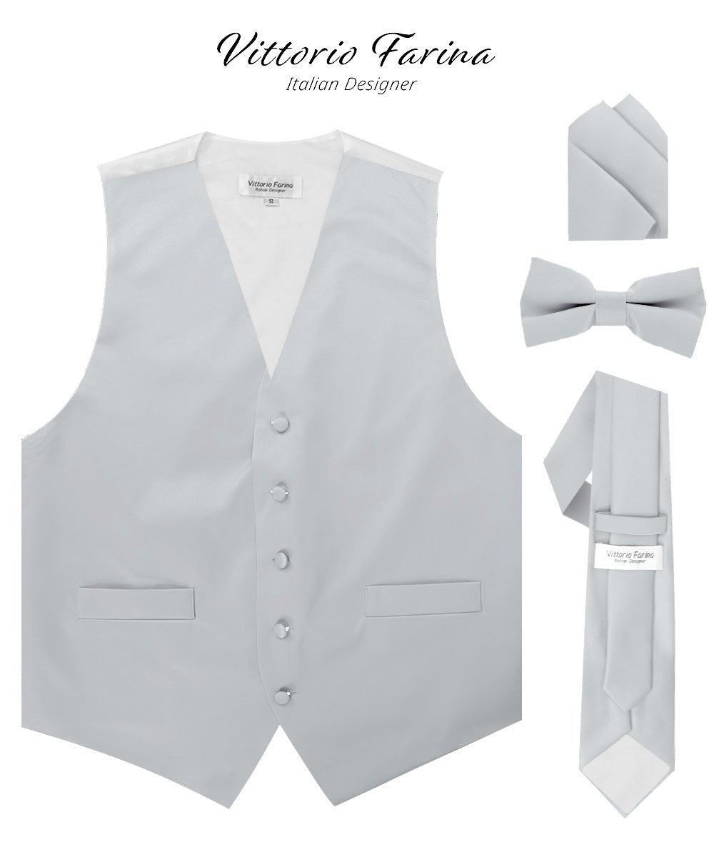 Vittorio Farina Men's Satin Vest, Necktie, Bow Tie and Pocket Square Set (White Back) - Silver - Vest Set - Vittorio Farina