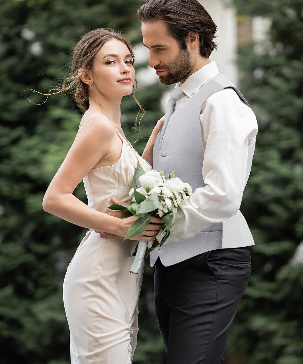 Vittorio Farina Men's Satin Vest, Necktie, Bow Tie and Pocket Square Set (White Back) - Silver - Vest Set - Vittorio Farina