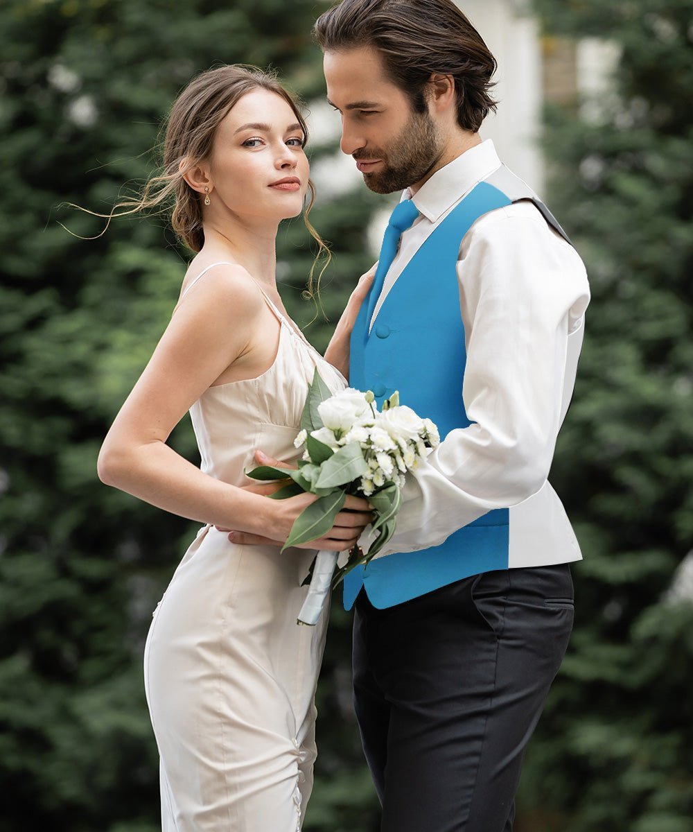 Vittorio Farina Men's Satin Vest, Necktie, Bow Tie and Pocket Square Set (White Back) - Turquoise - Vest Set - Vittorio Farina