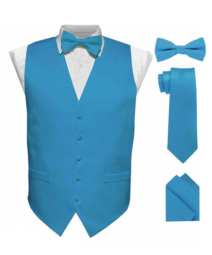 Vittorio Farina Men's Satin Vest, Necktie, Bow Tie and Pocket Square Set (White Back) - Turquoise - Vest Set - Vittorio Farina
