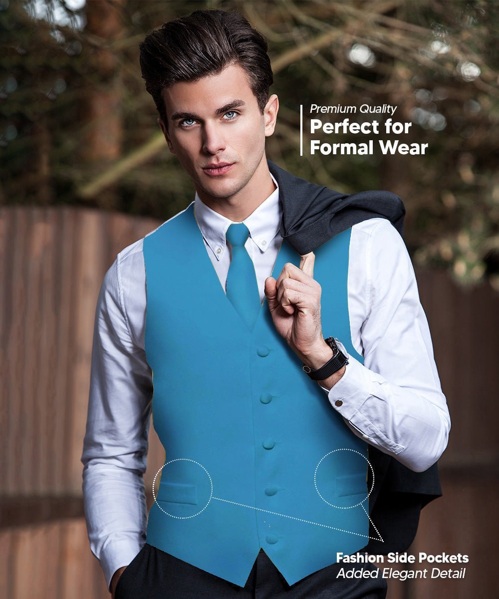 Vittorio Farina Men's Satin Vest, Necktie, Bow Tie and Pocket Square Set (White Back) - Turquoise - Vest Set - Vittorio Farina