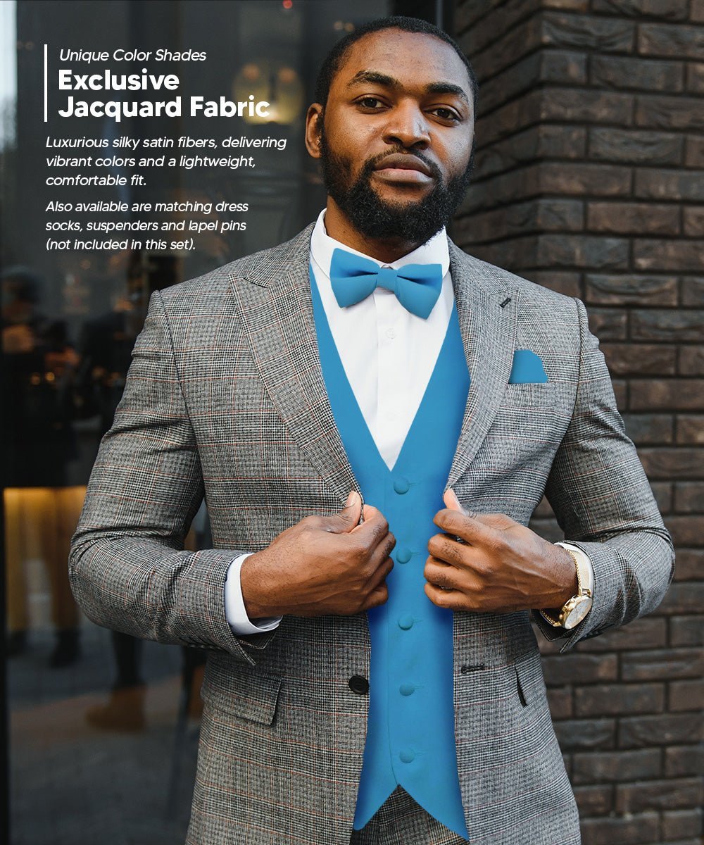 Vittorio Farina Men's Satin Vest, Necktie, Bow Tie and Pocket Square Set (White Back) - Turquoise - Vest Set - Vittorio Farina