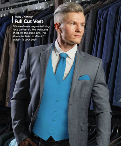 Vittorio Farina Men's Satin Vest, Necktie, Bow Tie and Pocket Square Set (White Back) - Turquoise - Vest Set - Vittorio Farina