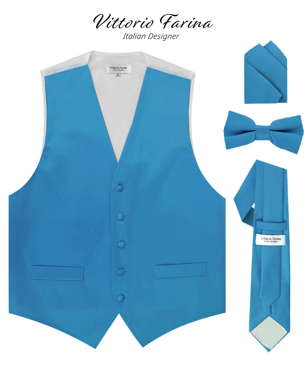 Vittorio Farina Men's Satin Vest, Necktie, Bow Tie and Pocket Square Set (White Back) - Turquoise - Vest Set - Vittorio Farina
