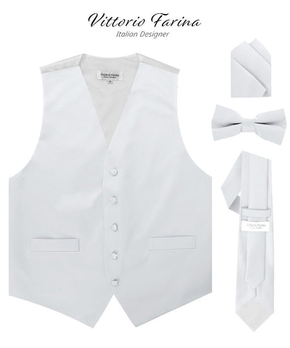 Vittorio Farina Men's Satin Vest, Necktie, Bow Tie and Pocket Square Set (White Back) - White - Vest Set - Vittorio Farina