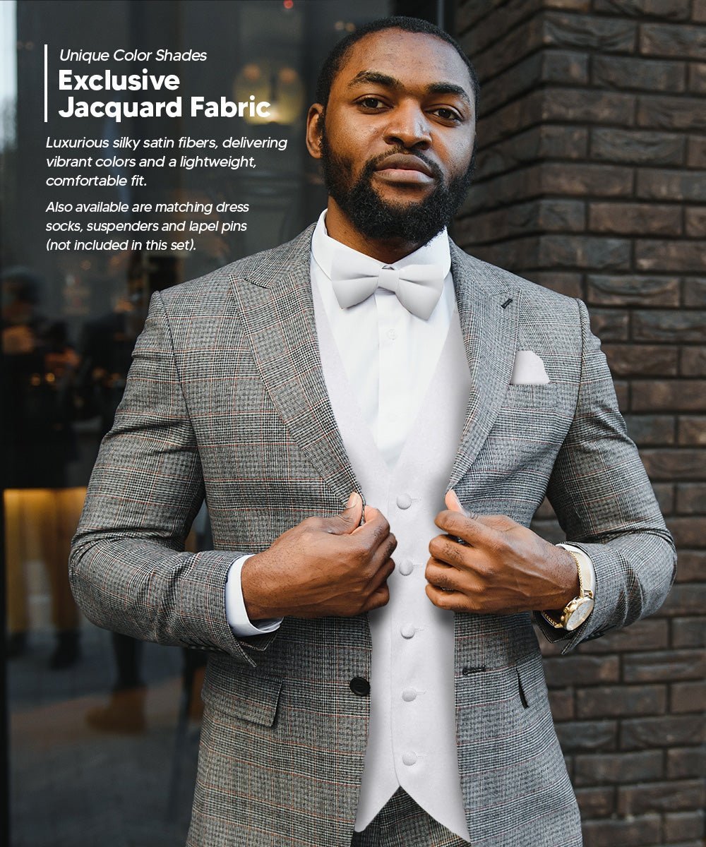 Vittorio Farina Men's Satin Vest, Necktie, Bow Tie and Pocket Square Set (White Back) - White - Vest Set - Vittorio Farina