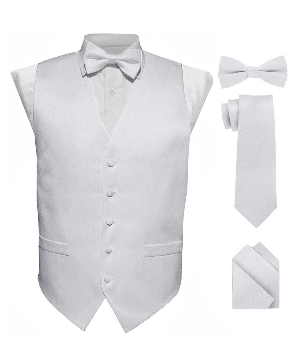 Vittorio Farina Men's Satin Vest, Necktie, Bow Tie and Pocket Square Set (White Back) - White - Vest Set - Vittorio Farina