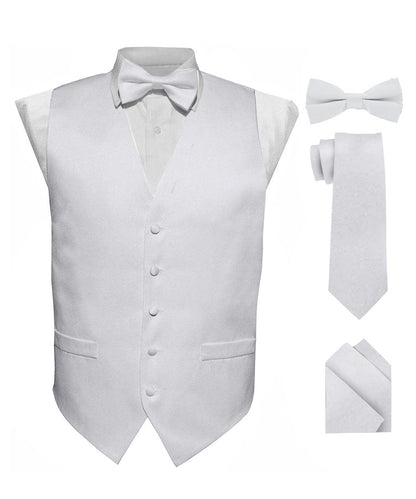 Vittorio Farina Men's Satin Vest, Necktie, Bow Tie and Pocket Square Set (White Back) - White - Vest Set - Vittorio Farina