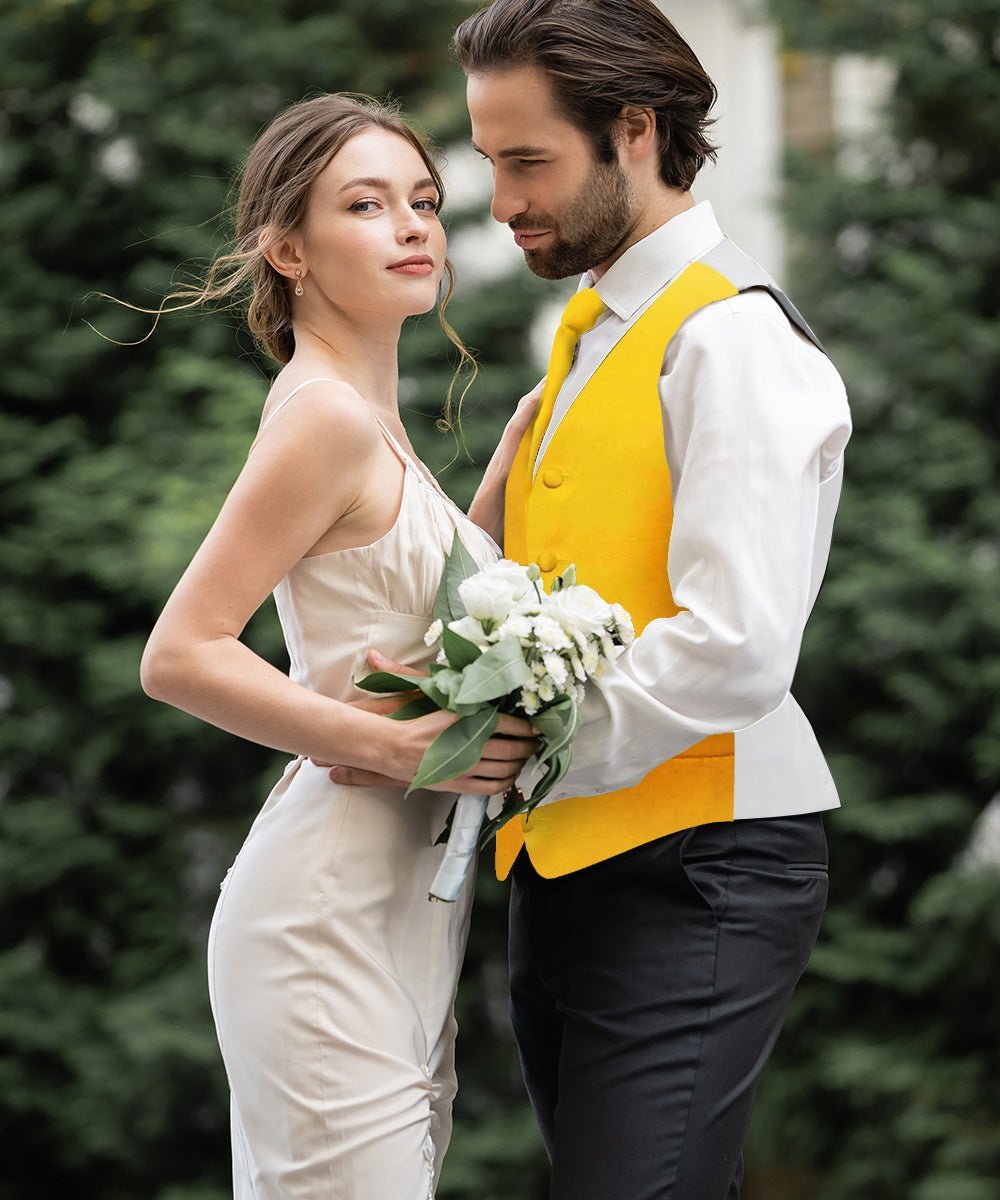 Vittorio Farina Men's Satin Vest, Necktie, Bow Tie and Pocket Square Set (White Back) - Yellow - Vest Set - Vittorio Farina