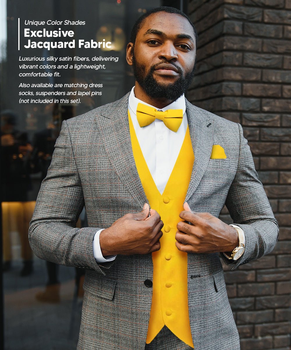 Vittorio Farina Men's Satin Vest, Necktie, Bow Tie and Pocket Square Set (White Back) - Yellow - Vest Set - Vittorio Farina