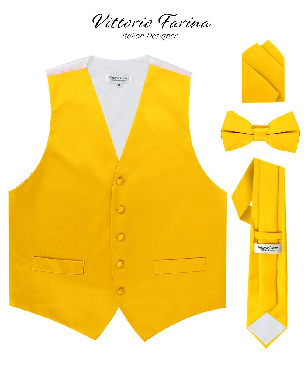 Vittorio Farina Men's Satin Vest, Necktie, Bow Tie and Pocket Square Set (White Back) - Yellow - Vest Set - Vittorio Farina