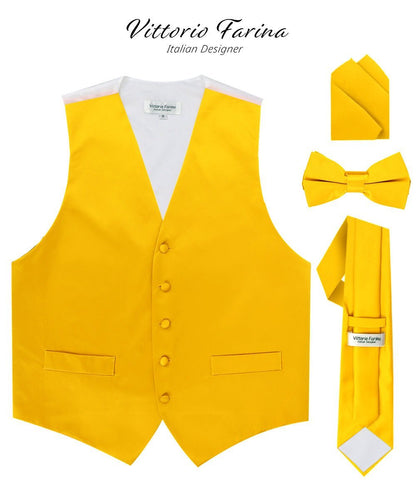 Vittorio Farina Men's Satin Vest, Necktie, Bow Tie and Pocket Square Set (White Back) - Yellow - Vest Set - Vittorio Farina