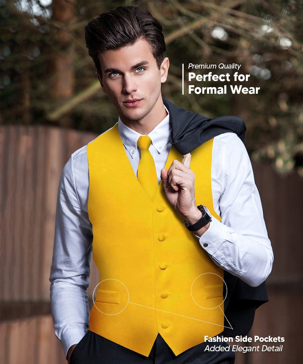 Vittorio Farina Men's Satin Vest, Necktie, Bow Tie and Pocket Square Set (White Back) - Yellow - Vest Set - Vittorio Farina