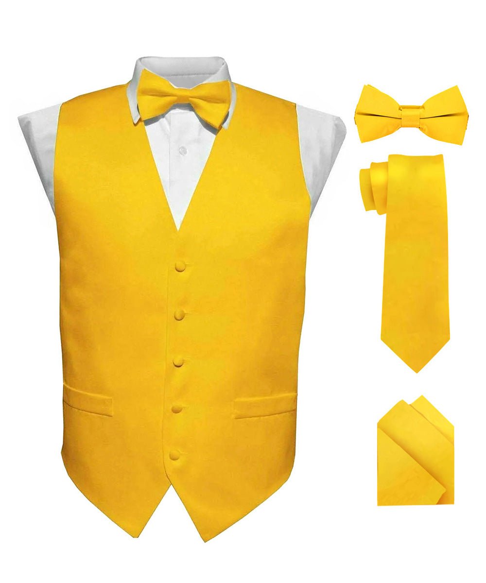 Vittorio Farina Men's Satin Vest, Necktie, Bow Tie and Pocket Square Set (White Back) - Yellow - Vest Set - Vittorio Farina
