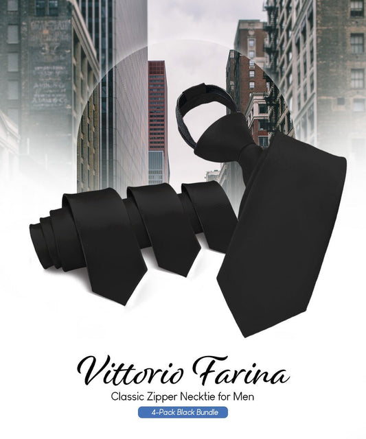Vittorio Farina Men's Satin Zipper Necktie (Multipack) - Black - Necktie - Vittorio Farina