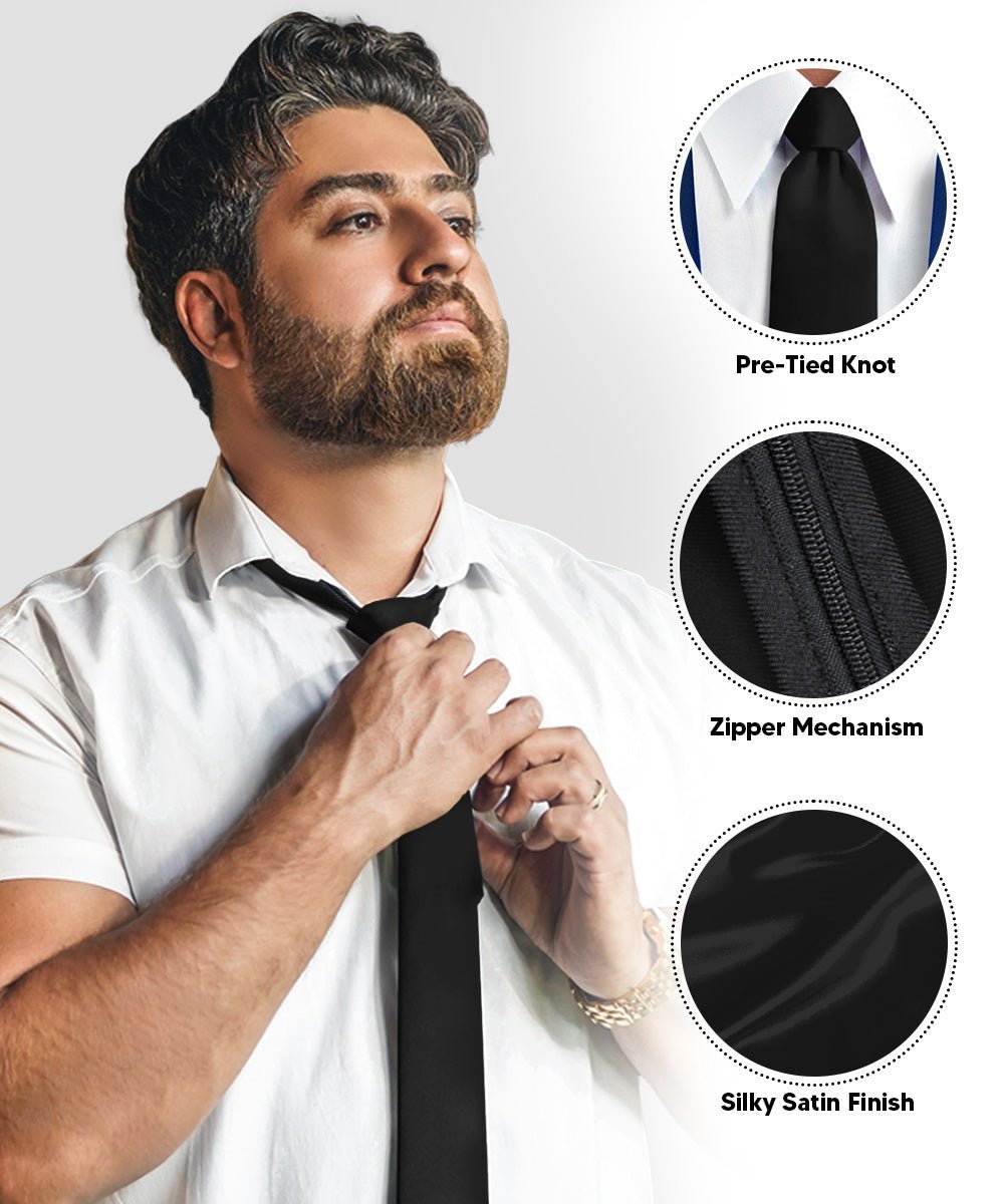 Vittorio Farina Men's Satin Zipper Necktie (Multipack) - Black - Necktie - Vittorio Farina