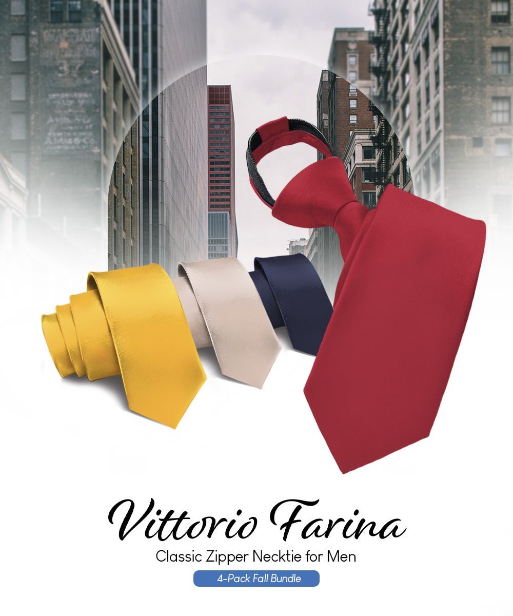 Vittorio Farina Men's Satin Zipper Necktie (Multipack) - Burgundy/Taupe/Amber/Navy Blue - Necktie - Vittorio Farina