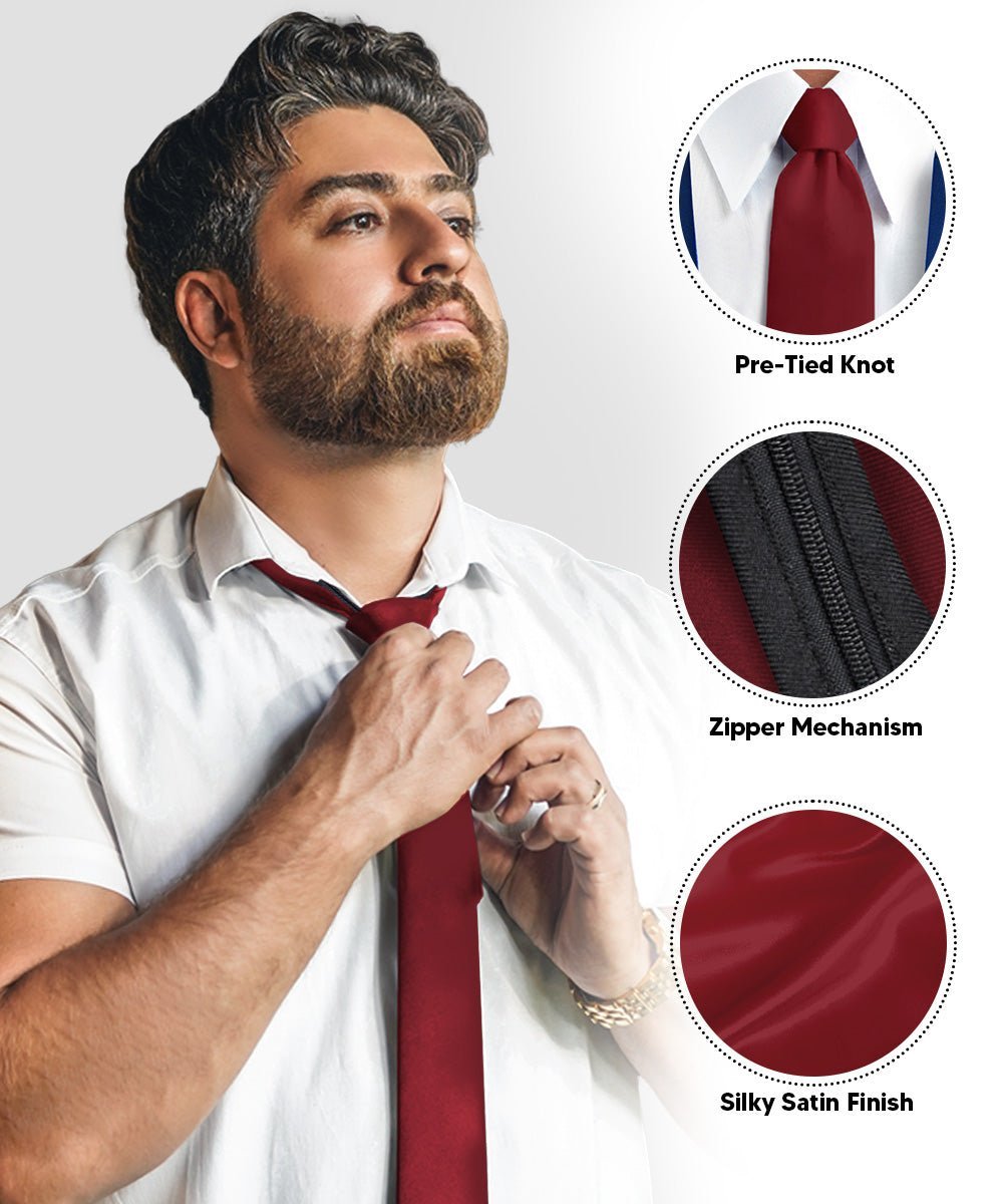 Vittorio Farina Men's Satin Zipper Necktie (Multipack) - Burgundy/Taupe/Amber/Navy Blue - Necktie - Vittorio Farina