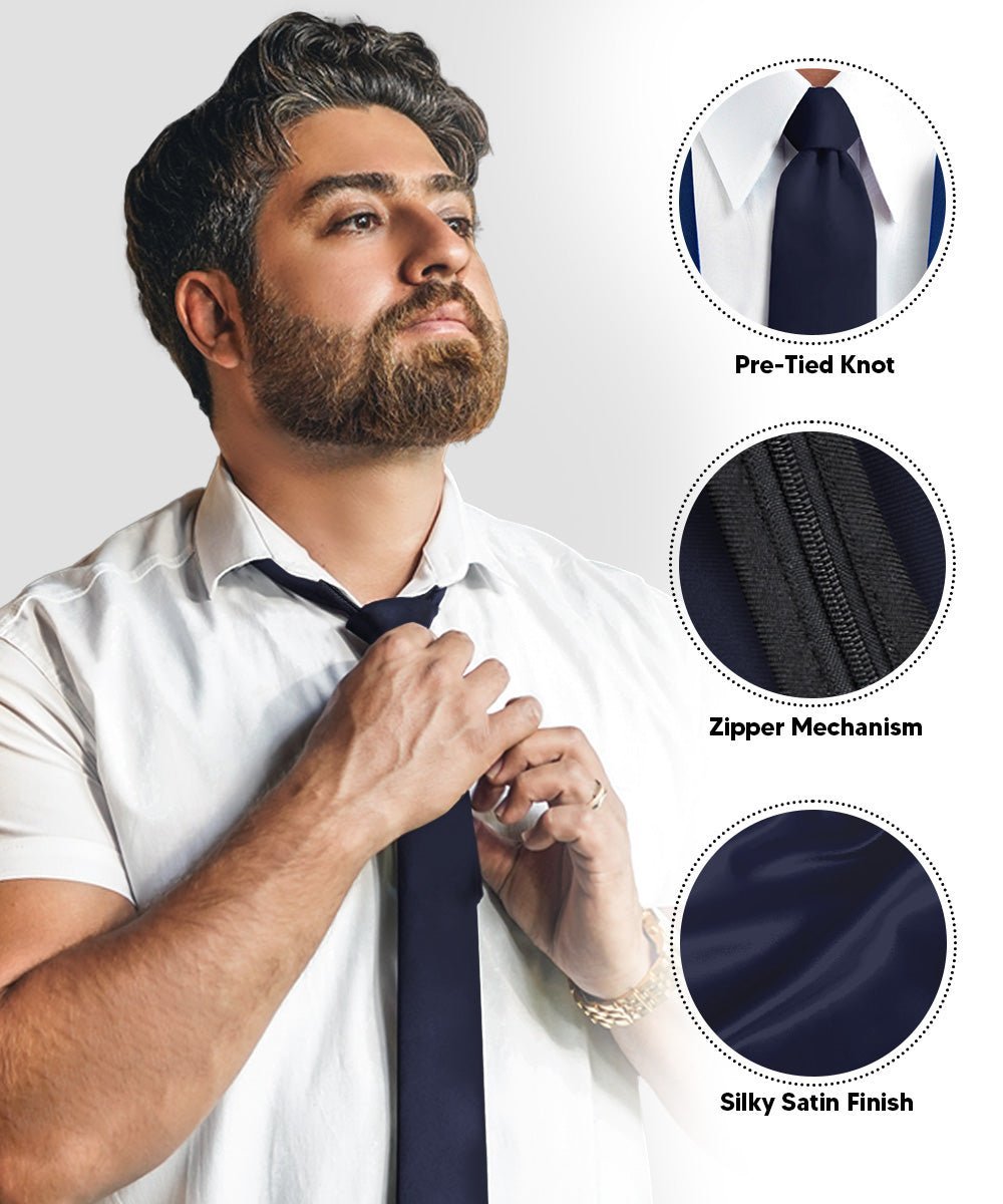 Vittorio Farina Men's Satin Zipper Necktie (Multipack) - Navy Blue - Necktie - Vittorio Farina