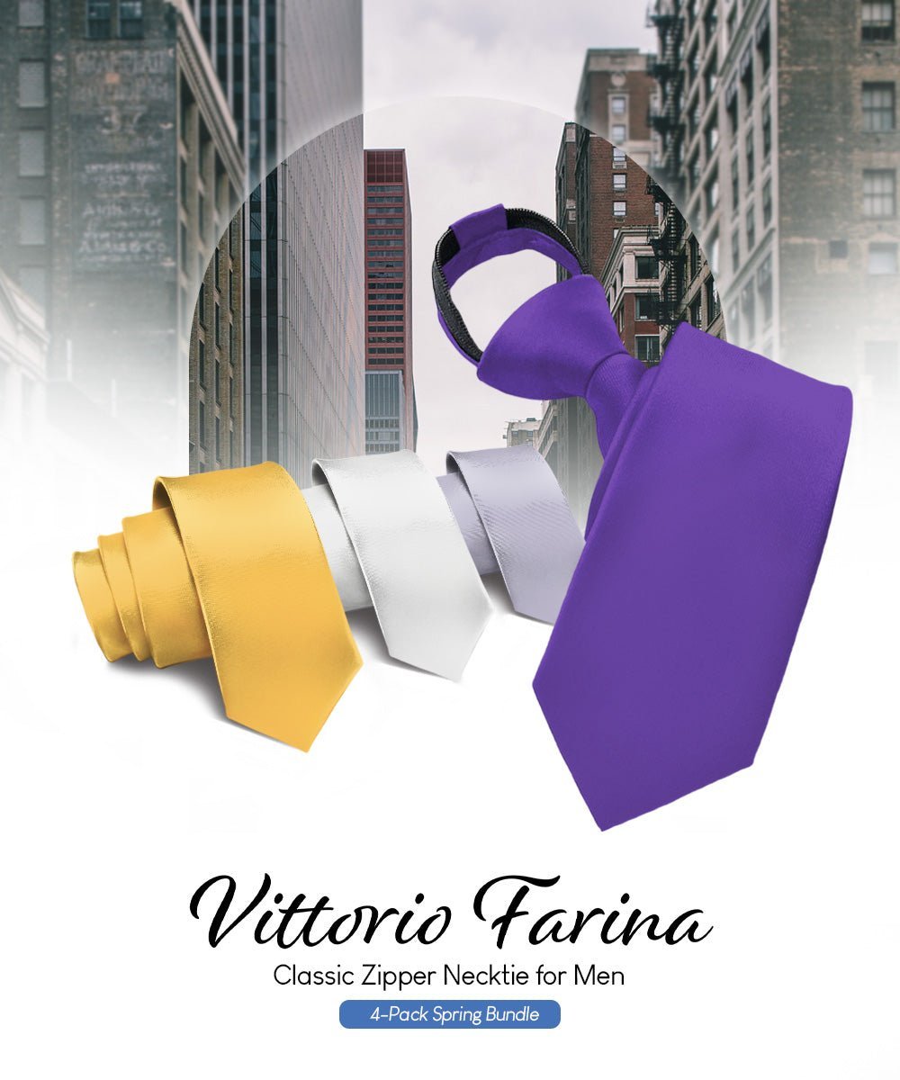 Vittorio Farina Men's Satin Zipper Necktie (Multipack) - Purple/Gold/White/Silver - Necktie - Vittorio Farina