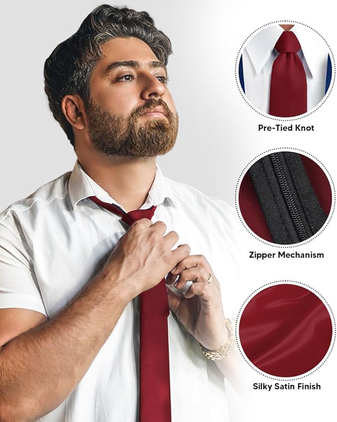 Vittorio Farina Men's Satin Zipper Necktie - Burgundy - Necktie - Vittorio Farina