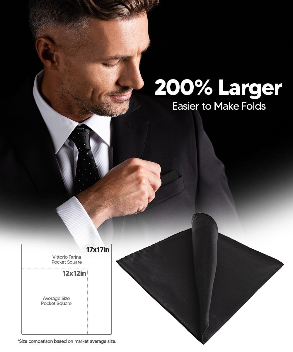 Vittorio Farina Men's Silky Satin Square Pocket Square - Black - Pocket Square - Vittorio Farina