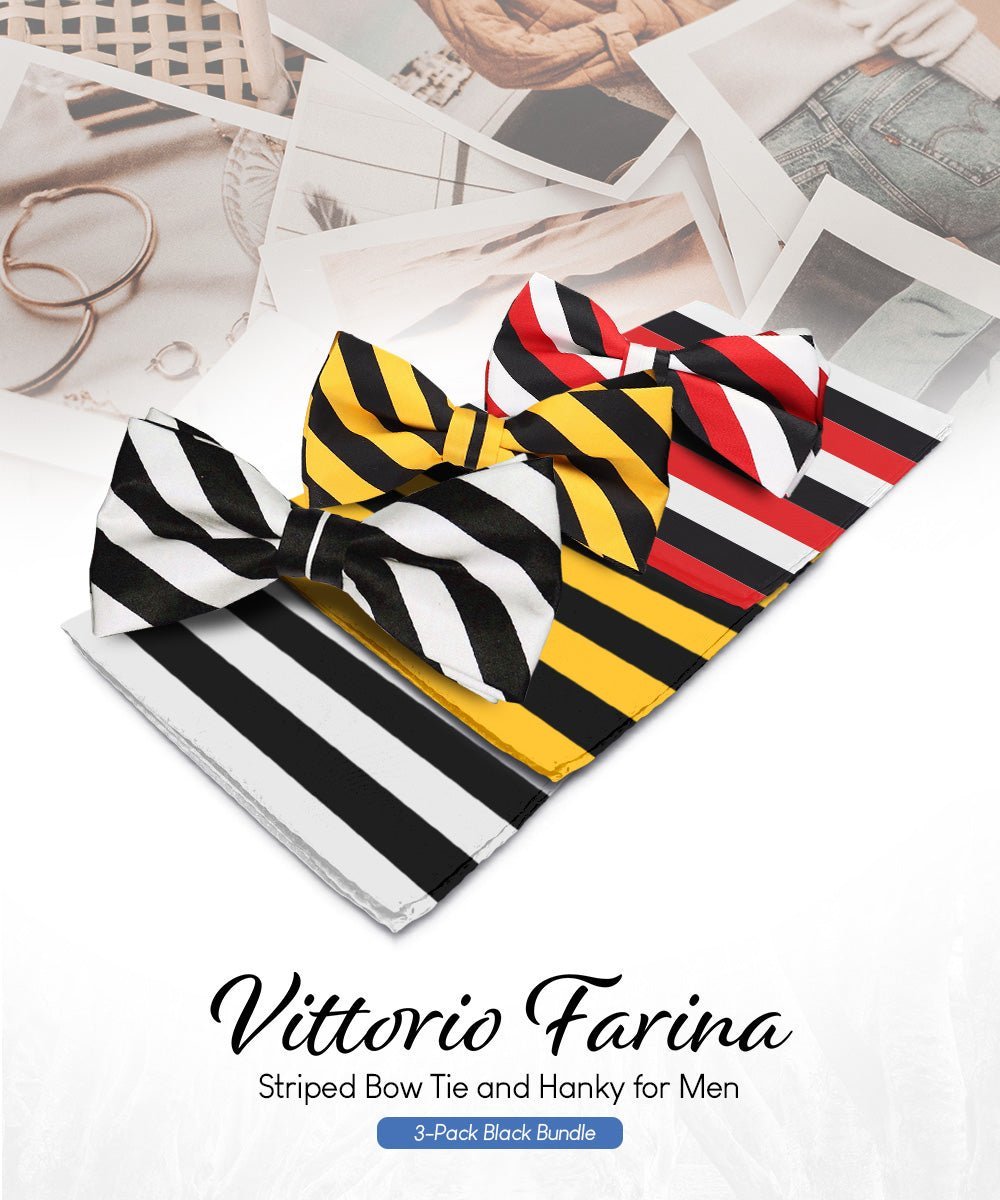 Vittorio Farina Men's Striped Satin Bow Tie & Pocket Square in Gift Box (Multipack) - Black and White/Black and Gold/Black, White & Red - Bow Tie & Pocket Square - Vittorio Farina