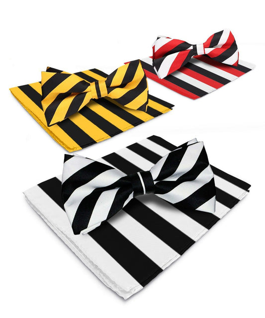 Vittorio Farina Men's Striped Satin Bow Tie & Pocket Square in Gift Box (Multipack) - Black and White/Black and Gold/Black, White & Red - Bow Tie & Pocket Square - Vittorio Farina