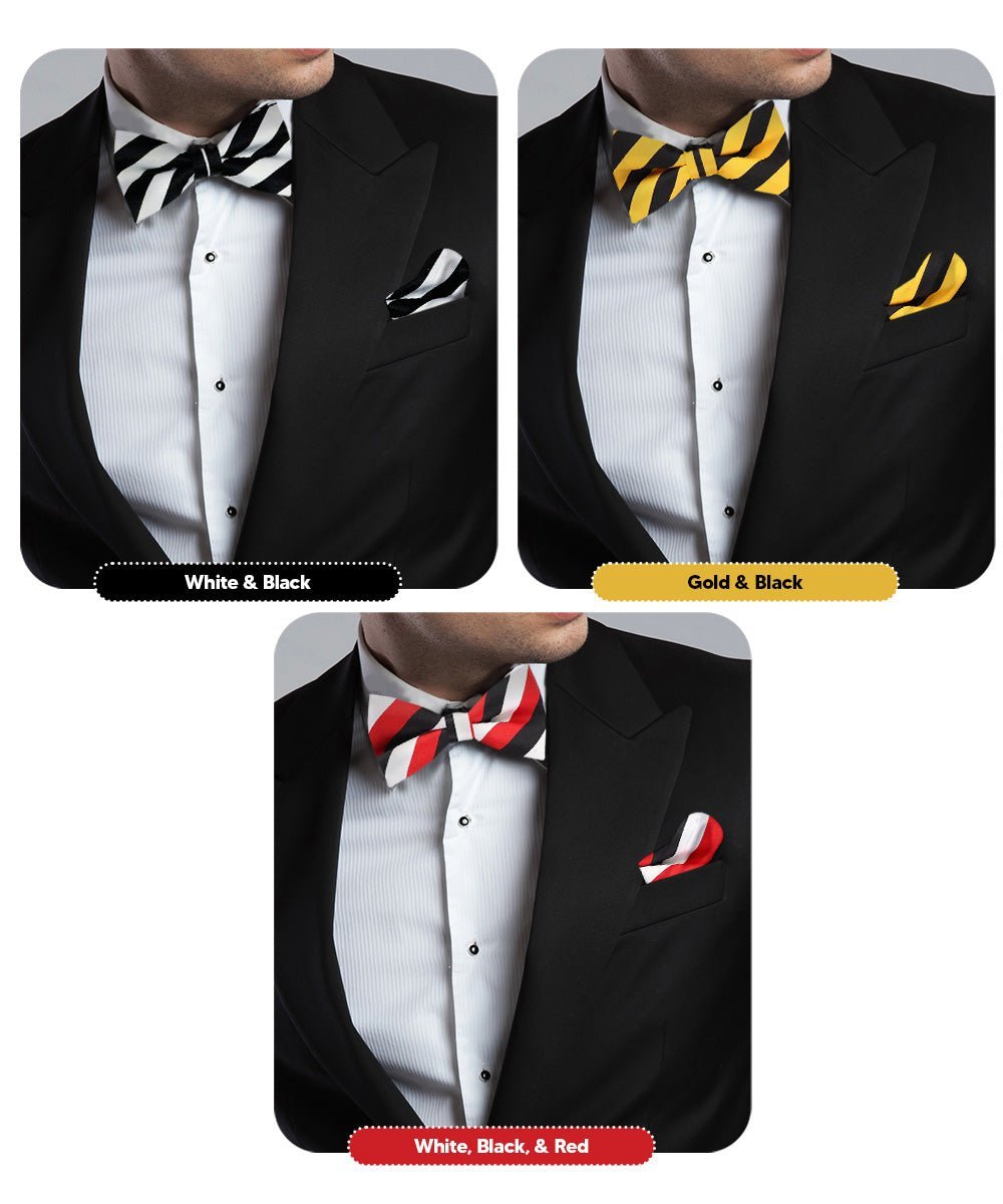 Vittorio Farina Men's Striped Satin Bow Tie & Pocket Square in Gift Box (Multipack) - Black and White/Black and Gold/Black, White & Red - Bow Tie & Pocket Square - Vittorio Farina