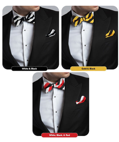 Vittorio Farina Men's Striped Satin Bow Tie & Pocket Square in Gift Box (Multipack) - Black and White/Black and Gold/Black, White & Red - Bow Tie & Pocket Square - Vittorio Farina