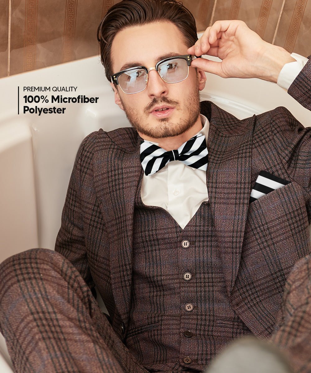Vittorio Farina Men's Striped Satin Bow Tie & Pocket Square in Gift Box (Multipack) - Black and White/Black and Gold/Black, White & Red - Bow Tie & Pocket Square - Vittorio Farina