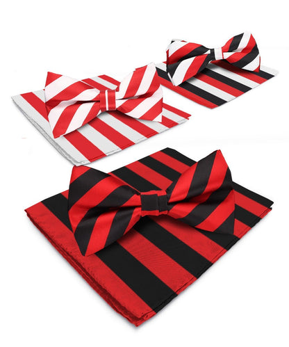 Vittorio Farina Men's Striped Satin Bow Tie & Pocket Square in Gift Box (Multipack) - Red and White/Red and Black/Red, White and Black - Bow Tie & Pocket Square - Vittorio Farina