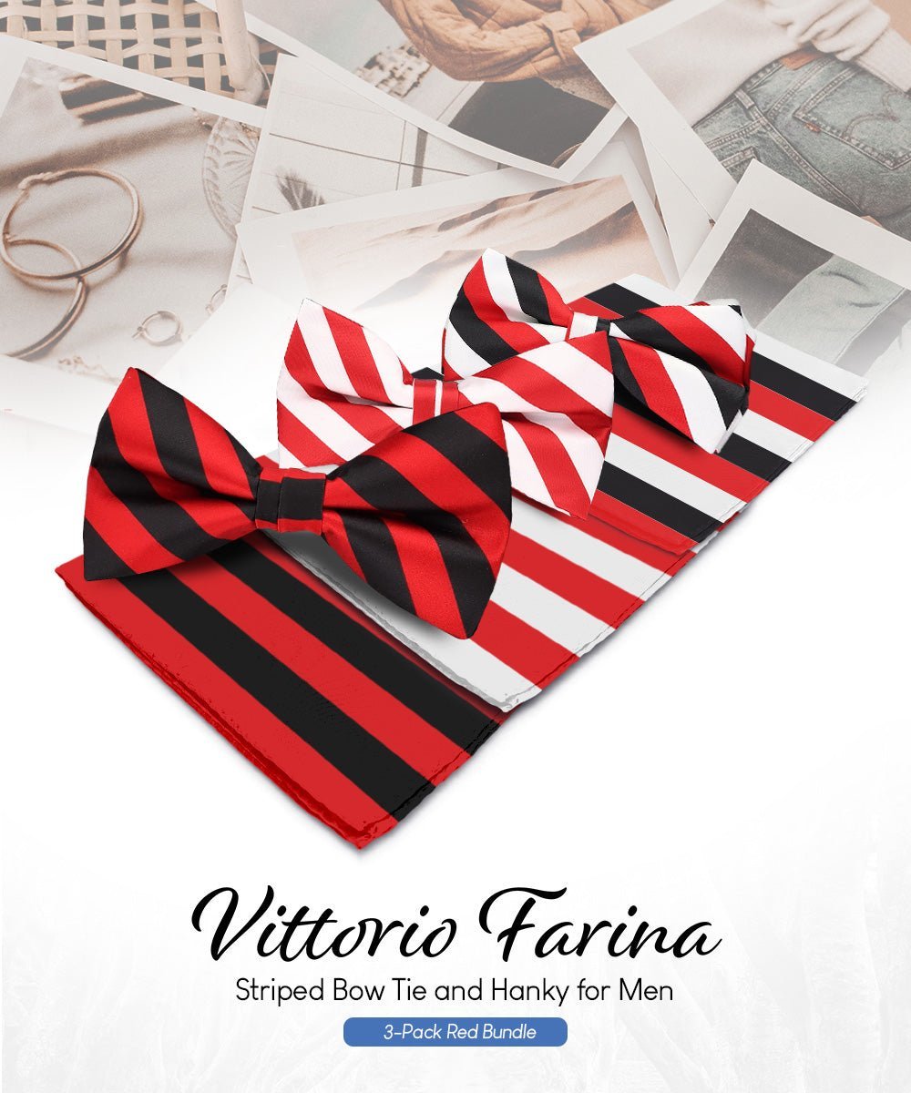 Vittorio Farina Men's Striped Satin Bow Tie & Pocket Square in Gift Box (Multipack) - Red and White/Red and Black/Red, White and Black - Bow Tie & Pocket Square - Vittorio Farina