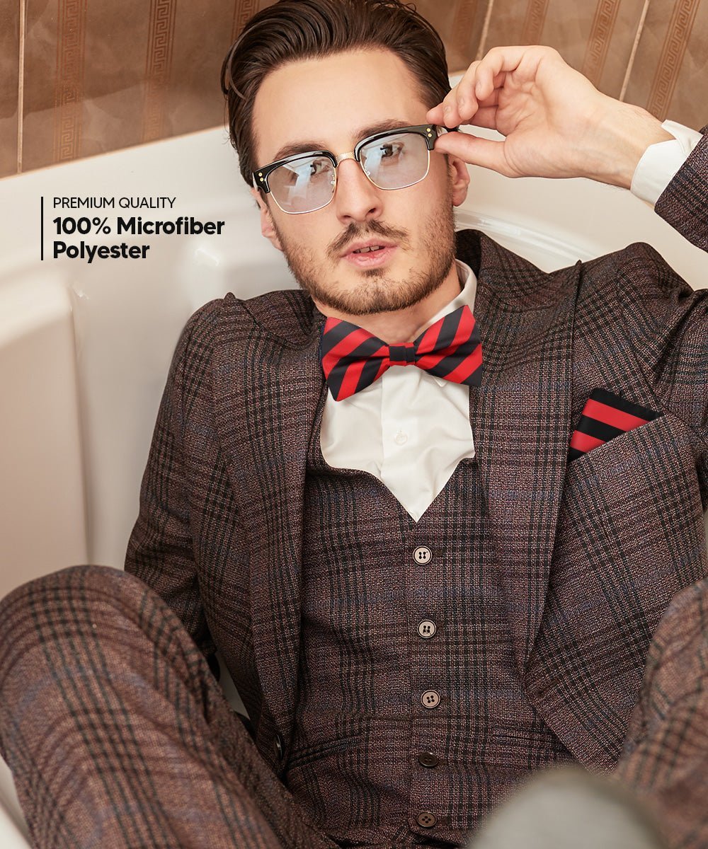 Vittorio Farina Men's Striped Satin Bow Tie & Pocket Square in Gift Box (Multipack) - Red and White/Red and Black/Red, White and Black - Bow Tie & Pocket Square - Vittorio Farina