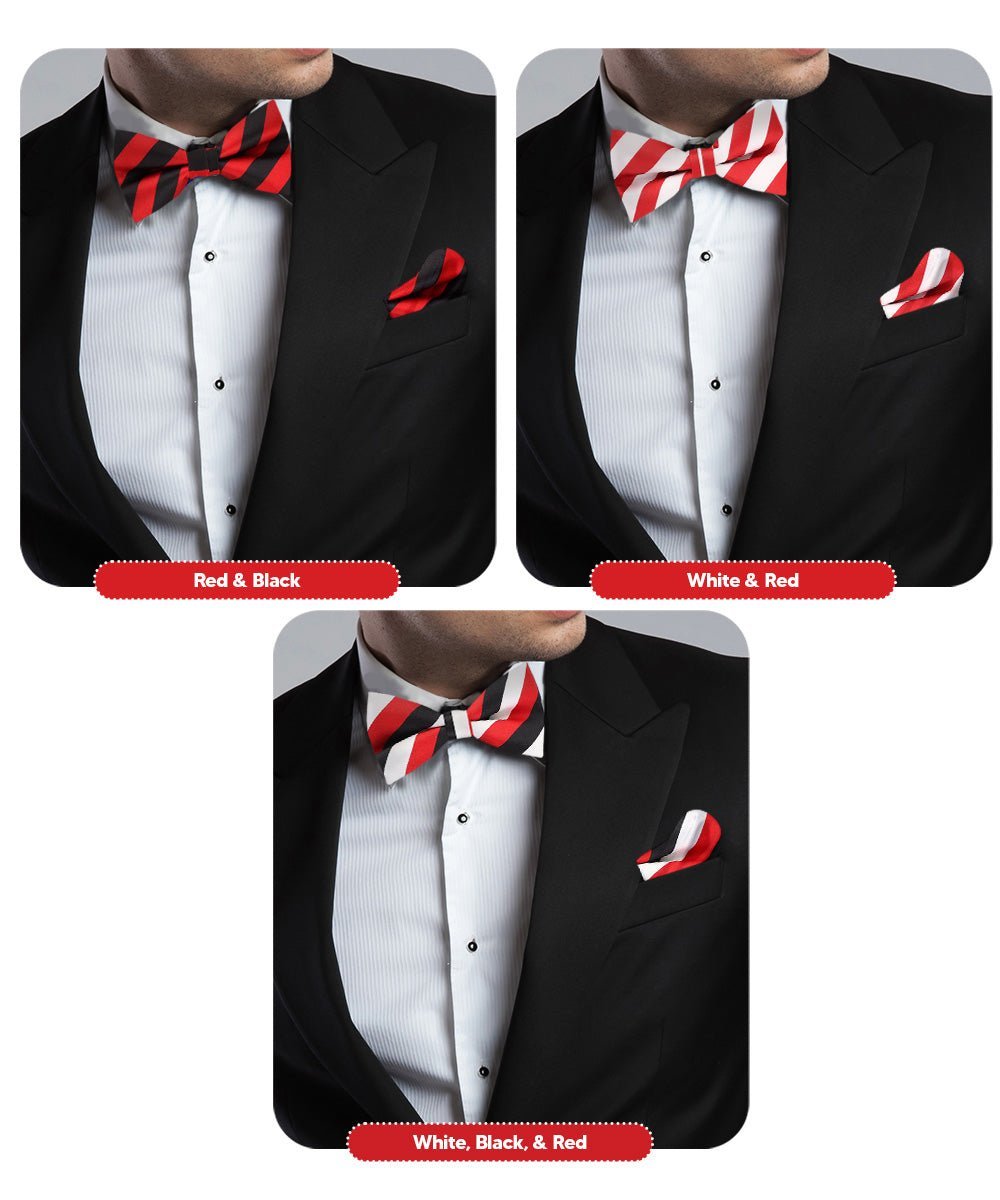 Vittorio Farina Men's Striped Satin Bow Tie & Pocket Square in Gift Box (Multipack) - Black and White/Black and Gold/Black, White & Red - Bow Tie & Pocket Square - Vittorio Farina