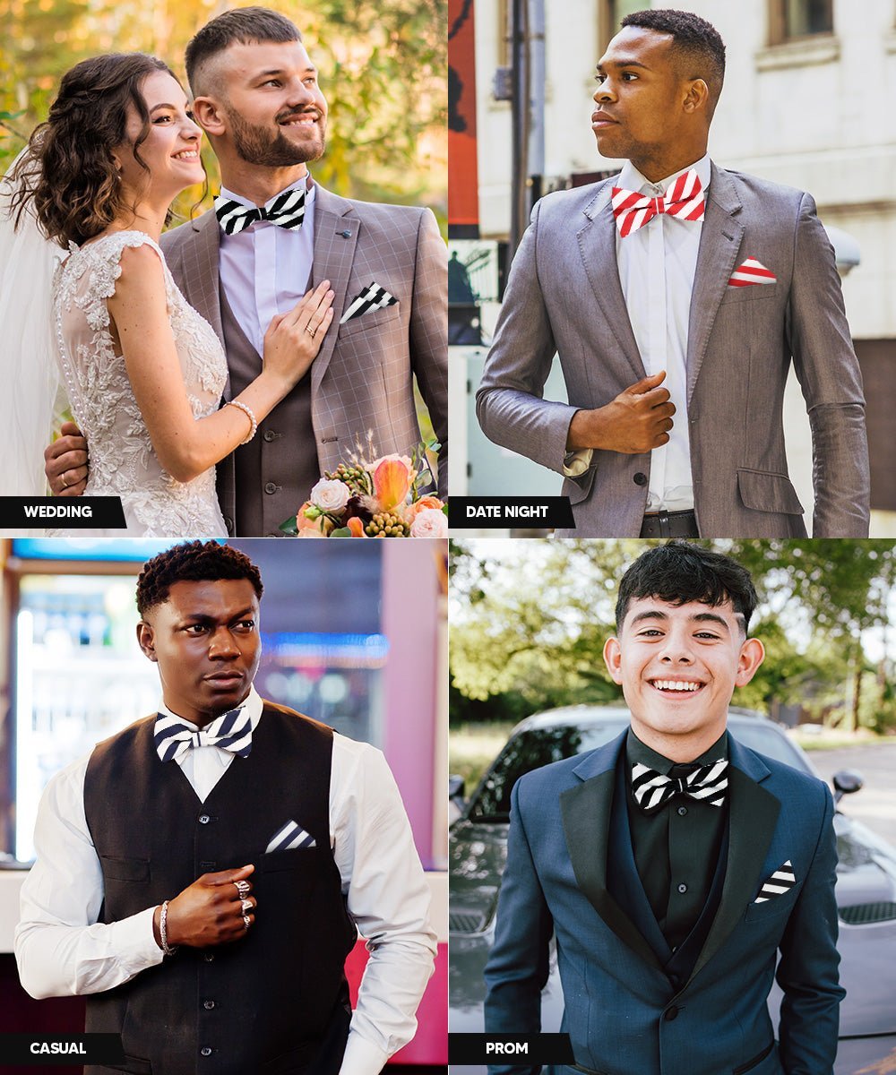 Vittorio Farina Men's Striped Satin Bow Tie & Pocket Square in Gift Box (Multipack) - White and Black/White and Red/White and Navy Blue - Bow Tie & Pocket Square - Vittorio Farina