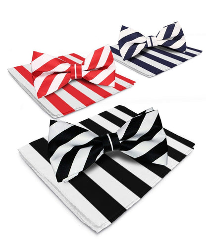 Vittorio Farina Men's Striped Satin Bow Tie & Pocket Square in Gift Box (Multipack) - White and Black/White and Red/White and Navy Blue - Bow Tie & Pocket Square - Vittorio Farina