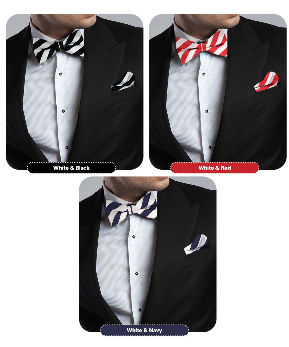 Vittorio Farina Men's Striped Satin Bow Tie & Pocket Square in Gift Box (Multipack) - White and Black/White and Red/White and Navy Blue - Bow Tie & Pocket Square - Vittorio Farina