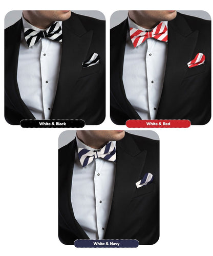 Vittorio Farina Men's Striped Satin Bow Tie & Pocket Square in Gift Box (Multipack) - White and Black/White and Red/White and Navy Blue - Bow Tie & Pocket Square - Vittorio Farina