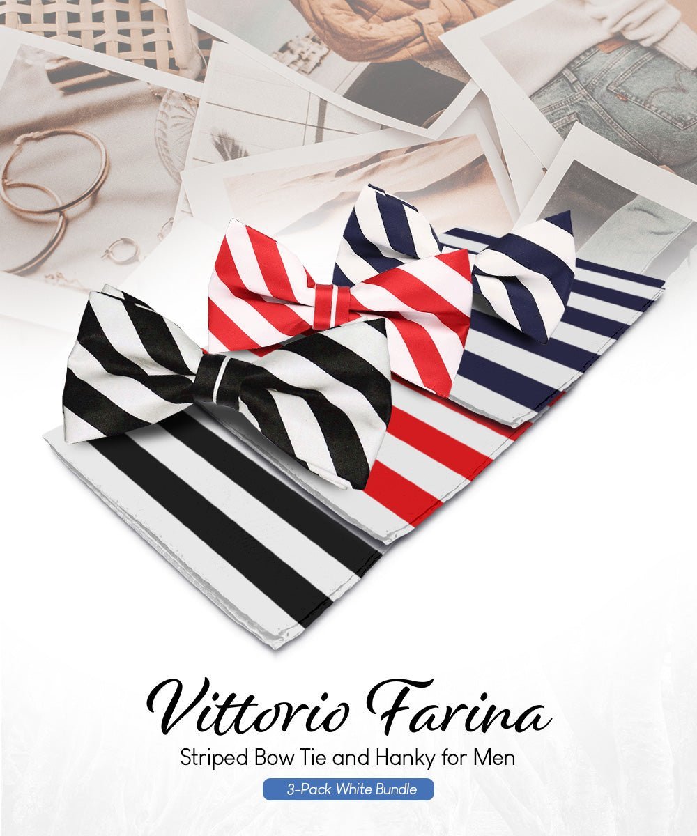 Vittorio Farina Men's Striped Satin Bow Tie & Pocket Square in Gift Box (Multipack) - White and Black/White and Red/White and Navy Blue - Bow Tie & Pocket Square - Vittorio Farina