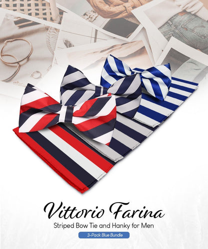 Vittorio Farina Men's Striped Satin Bow Tie & Pocket Square in Gift Box (Multipack) - White, Red and Navy Blue/Navy Blue and Gray/Royal Blue and White - Bow Tie & Pocket Square - Vittorio Farina