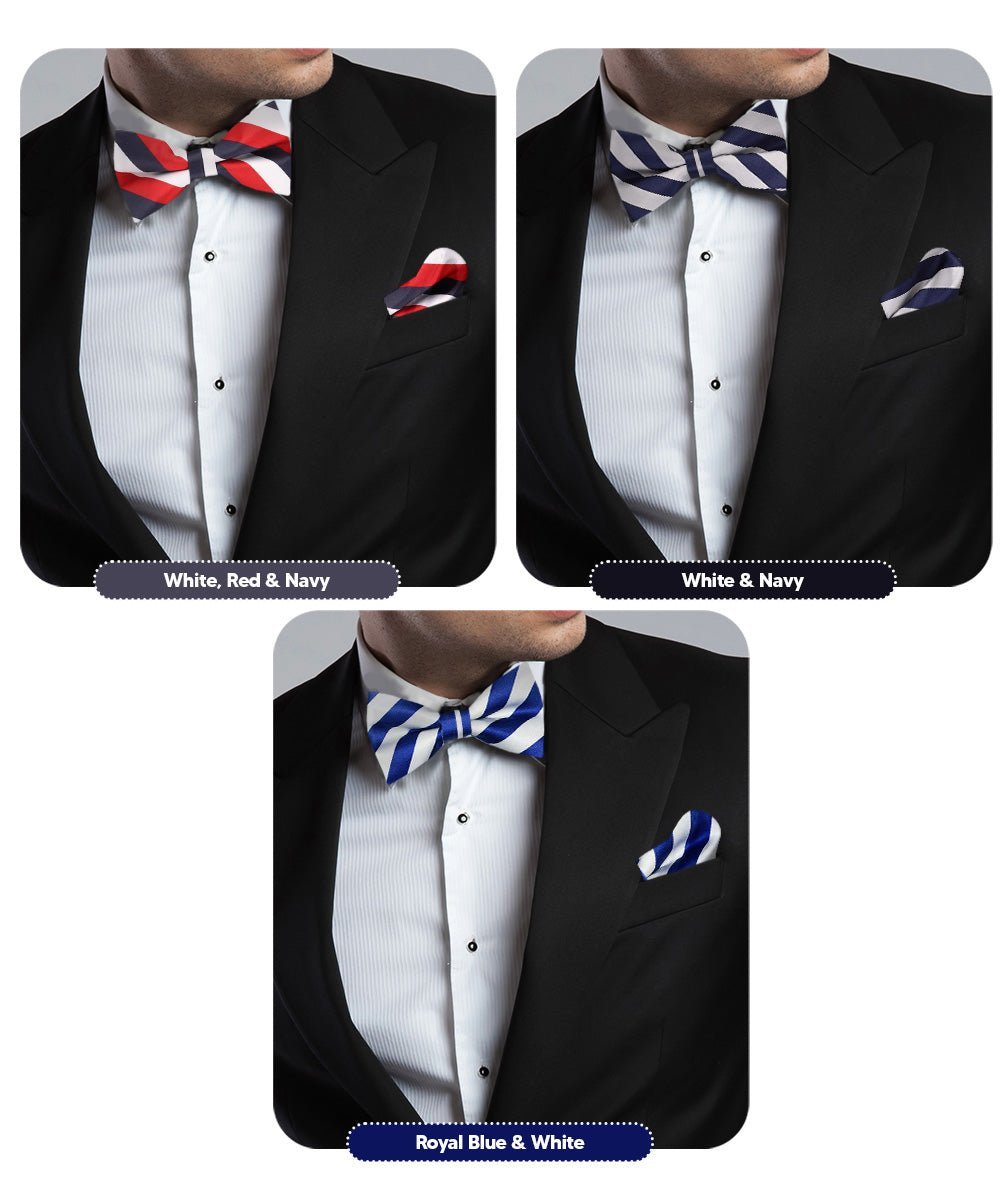 Vittorio Farina Men's Striped Satin Bow Tie & Pocket Square in Gift Box (Multipack) - White, Red and Navy Blue/Navy Blue and Gray/Royal Blue and White - Bow Tie & Pocket Square - Vittorio Farina