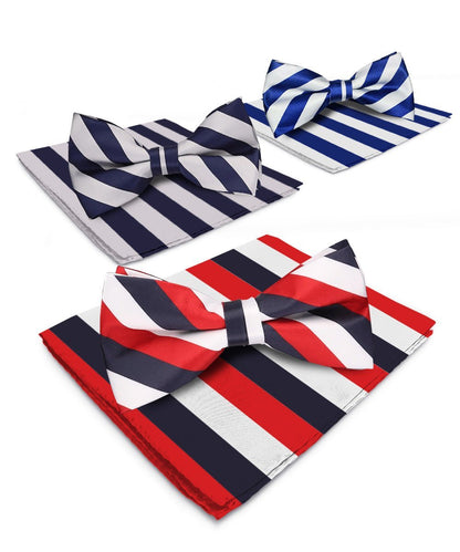 Vittorio Farina Men's Striped Satin Bow Tie & Pocket Square in Gift Box (Multipack) - White, Red and Navy Blue/Navy Blue and Gray/Royal Blue and White - Bow Tie & Pocket Square - Vittorio Farina