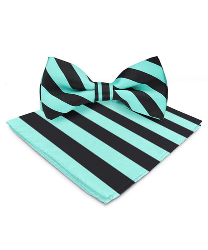 Vittorio Farina Men's Striped Satin Bow Tie & Pocket Square in Gift Box - Aqua and Black - Bow Tie & Pocket Square - Vittorio Farina
