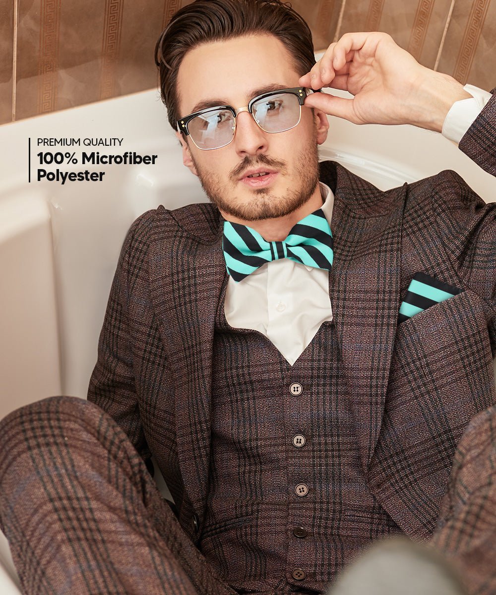 Vittorio Farina Men's Striped Satin Bow Tie & Pocket Square in Gift Box - Aqua and Black - Bow Tie & Pocket Square - Vittorio Farina